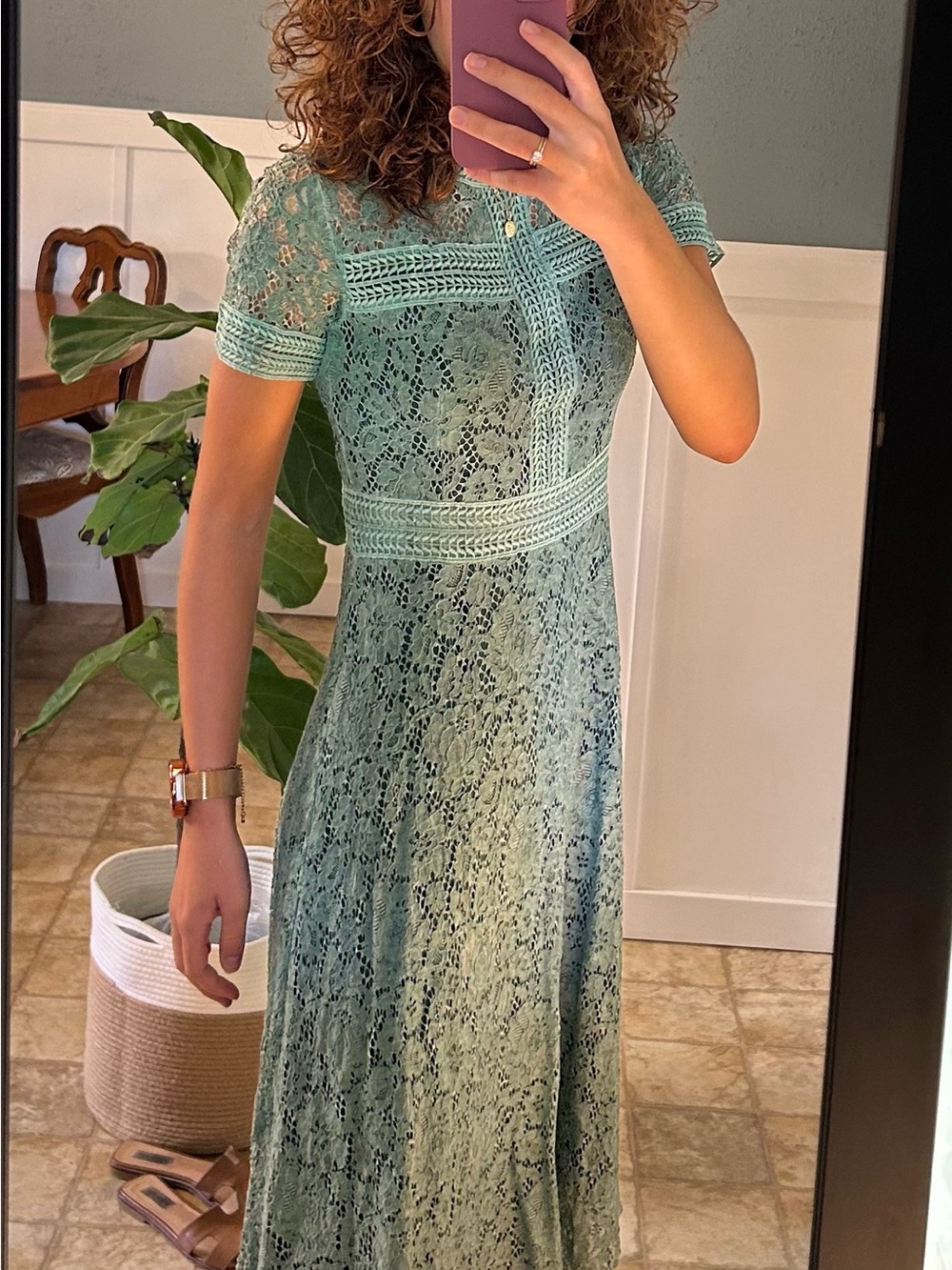 Seafoam Green Lace Midi Dress with Knit Trim